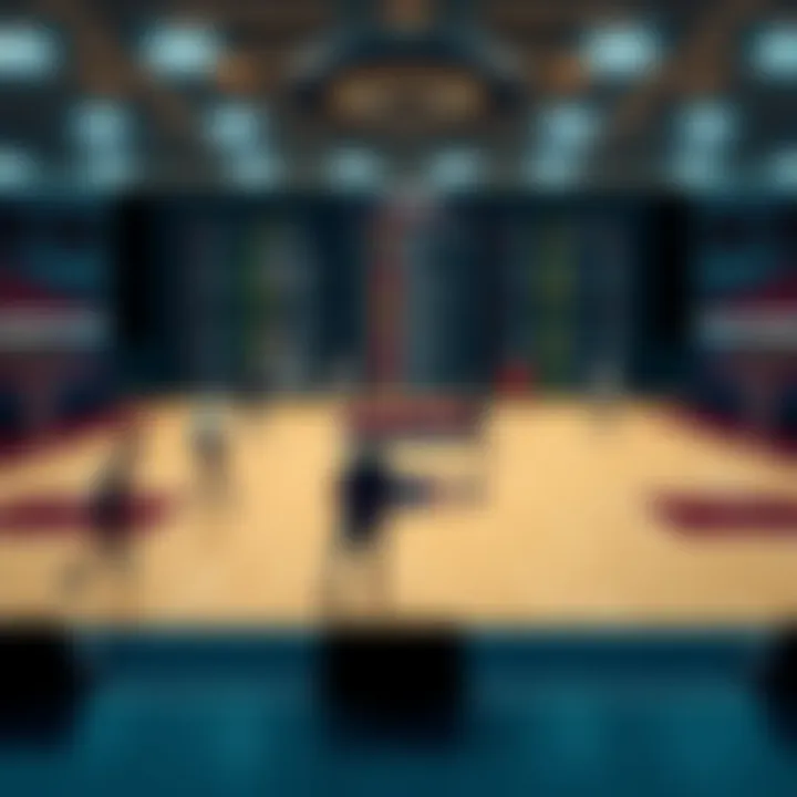 Basketball court with players and betting odds on a screen