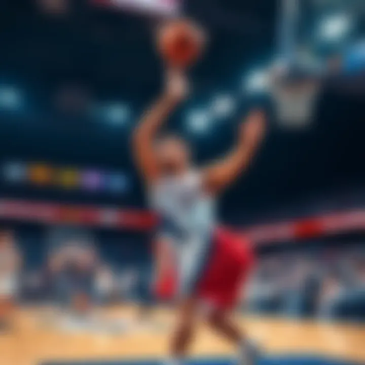 A basketball player making a shot during a college game, illustrating NCAABB action and betting tips.