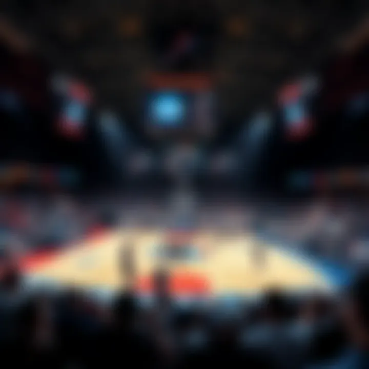 Teams playing in the NCAABB basketball tournament with players on the court and fans cheering in the stands