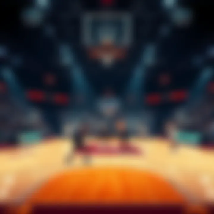 A basketball court with players in action during a college game, illustrating the excitement of NCAABB betting strategies.