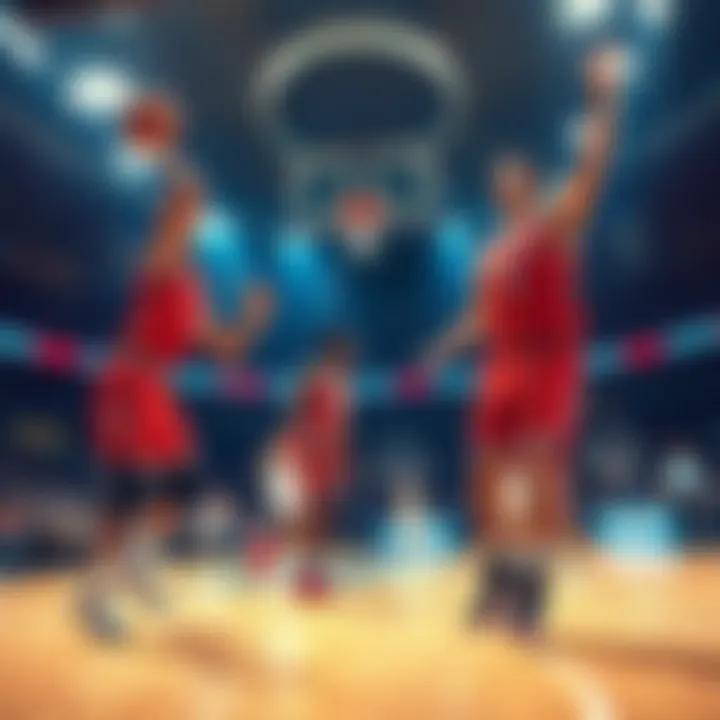 A vibrant scene of basketball players competing during NCAA March Madness, showcasing excitement and determination on the court.