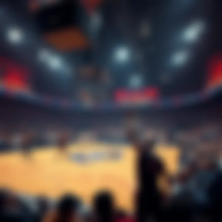 A basketball court with players in action during a game, highlighting excitement and strategy in college basketball betting.