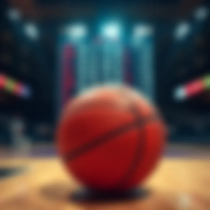 A basketball on a court with betting odds displayed in the background