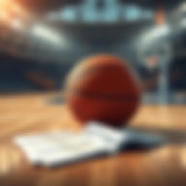 A basketball on a court with betting slips beside it, showcasing college basketball betting strategies.