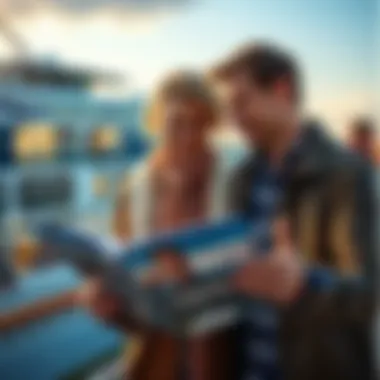 Two friends discussing the NCL cruise credit and Free at Sea offer while looking at a cruise brochure