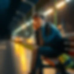 A person sitting on a bench with a worried expression, holding their head in their hands