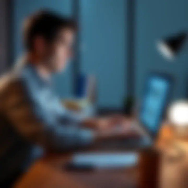Person expressing nervousness in a discussion A person sitting at a desk with a concerned expression, typing on a laptop while looking at the screen with forums open, seeking advice on their situation.