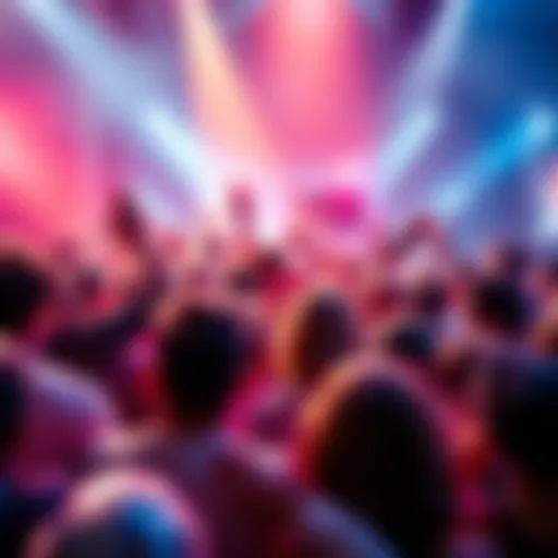 A vibrant scene showing a crowd passionately discussing a new hit song about a rapper, with some people visibly excited and animated.