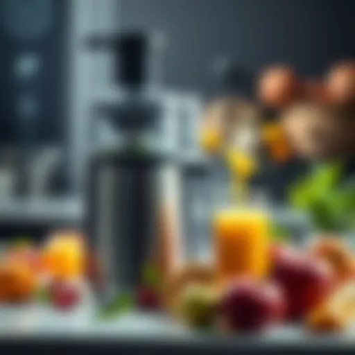 A modern juicer producing fresh juice with fruits around it