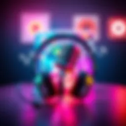 A vibrant album cover featuring a microphone and headphones with musical notes