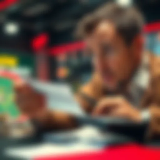 A worried person looking at a betting slip with a calculator, reflecting on new taxes affecting gambling losses.