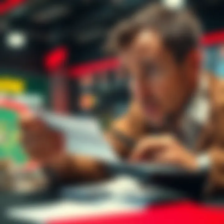 A worried person looking at a betting slip with a calculator, reflecting on new taxes affecting gambling losses.