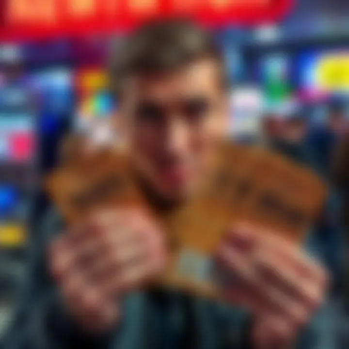 A person in New York looks disappointed while holding multiple losing scratch-off lottery tickets, emphasizing their frustrations with the gambling system.