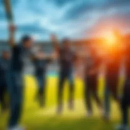 New Zealand Cricket Team Celebrates Victory New Zealand cricket players celebrate their win against South Africa with smiles and cheers on the field.