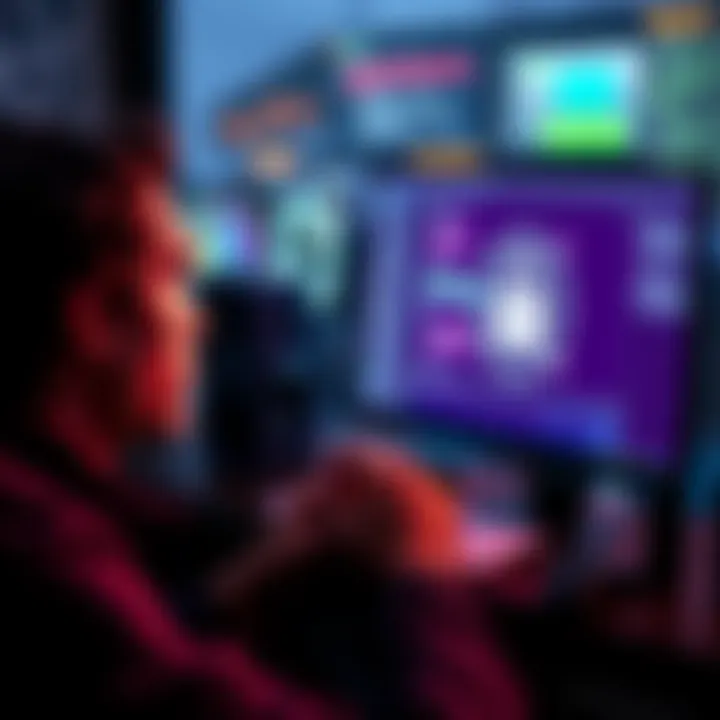 A person contemplating account creation on a computer, with a lock symbol representing self-blocking.