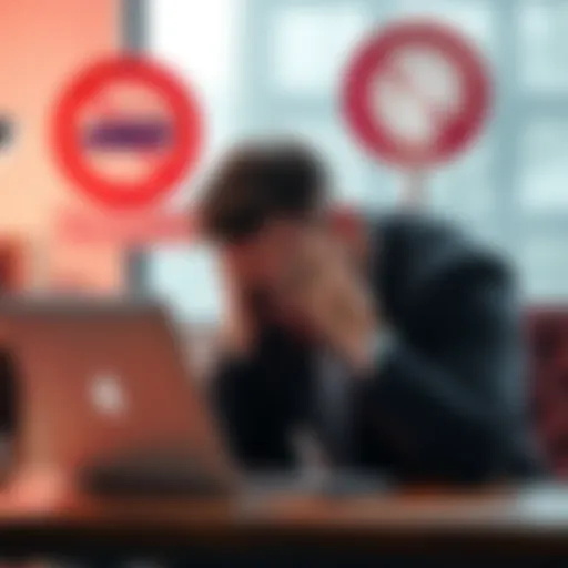A person frustrated while trying to create a new account on a laptop, with a background showing a blocked sign symbolizing restricted states.