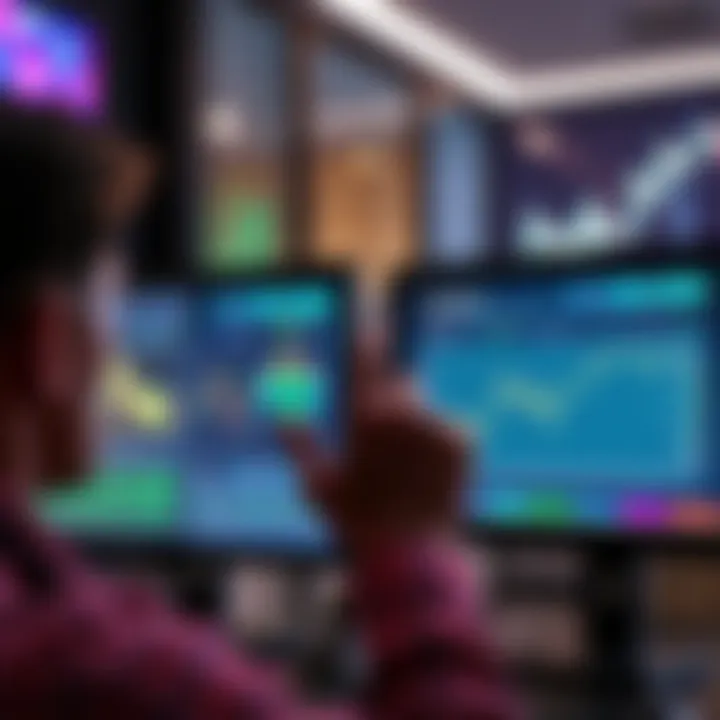 A person looking at two computer screens, one showing an old account and the other a new account with a winning graph.