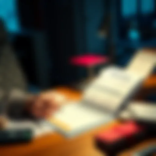 A person filling out a bank account application form at a desk with various banking materials.