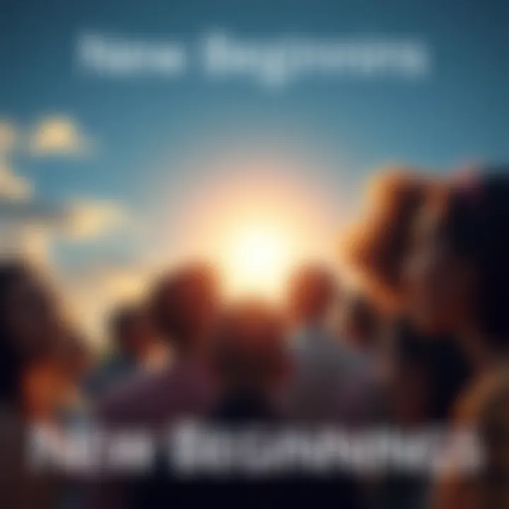 A group of diverse people looking toward a bright horizon, symbolizing hope and new opportunities.