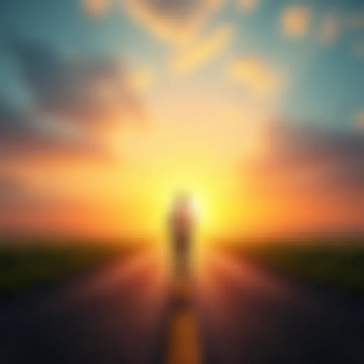 A person standing at a crossroads, looking thoughtfully towards two different paths representing choices, with a sunrise in the background symbolizing hope.