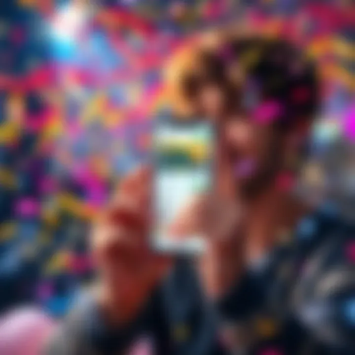 A person celebrating with confetti, holding a smartphone displaying a betting app with bonus offers, surrounded by colorful decorations.