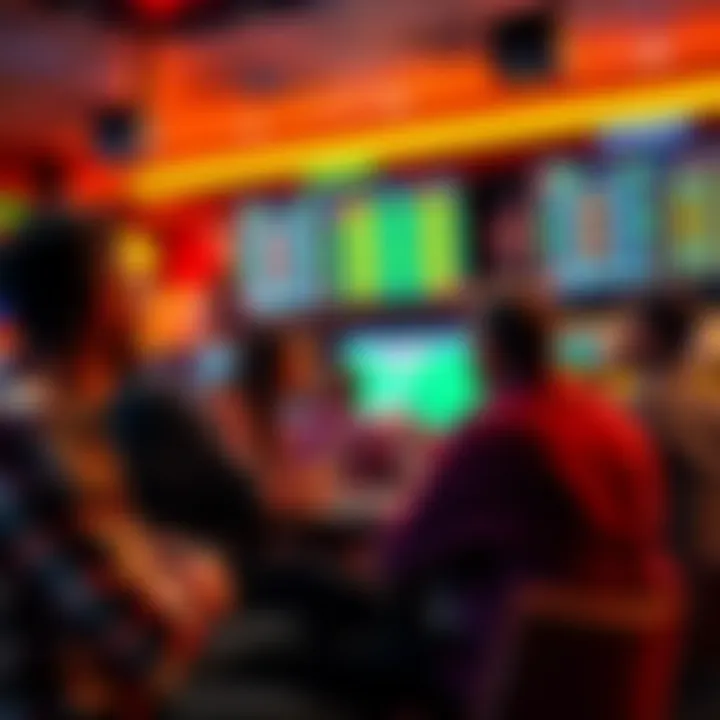 A group of people discussing new betting strategies at a sports bar, with screens showing game odds in the background