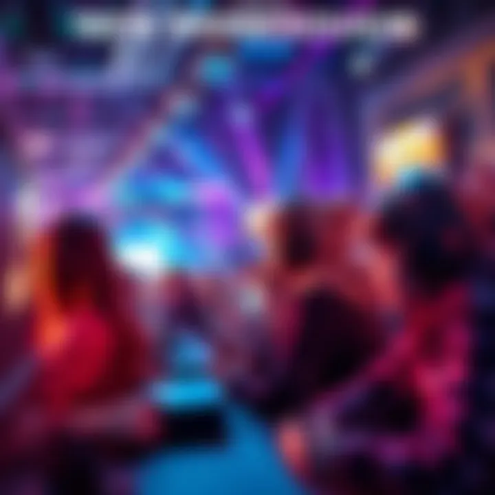 A vibrant scene showing gamers engaged with new technology in a gaming environment, highlighting excitement and interaction within the community.