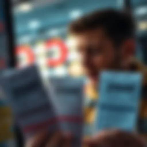 A close-up of new CA lottery tickets showing the price and prize amounts, with a disappointed player in the background looking at the tickets.