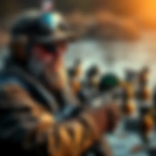 A skilled duck hunter shows off his gear, with ducks in the background, ready for the hunting season.