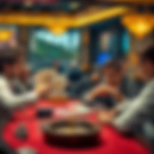 A beginner at a casino table discussing strategies with friends while holding a 20-dollar bonus