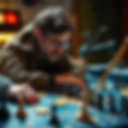 New Game Strategy A player examining a game board with various strategy components laid out, looking focused and thoughtful.