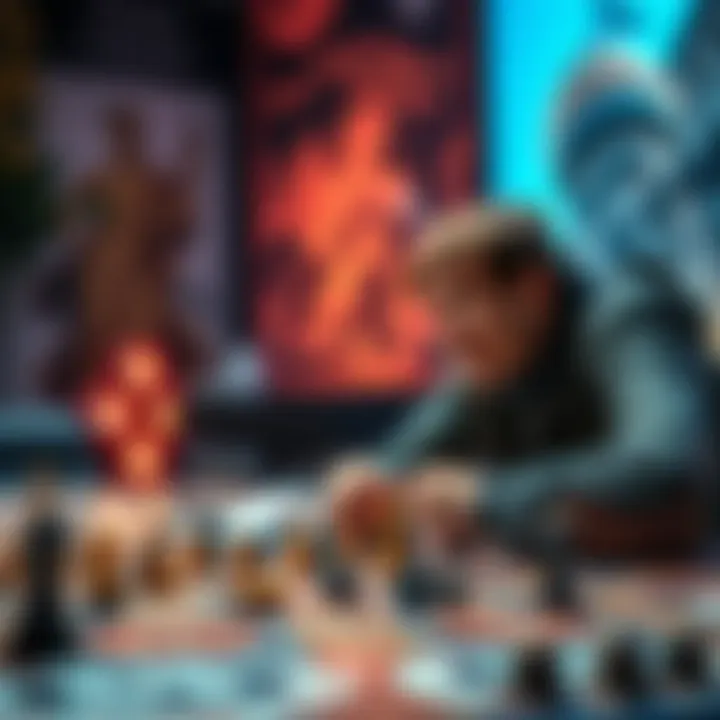 A person considering a new game table, looking at options with game pieces scattered on the table.
