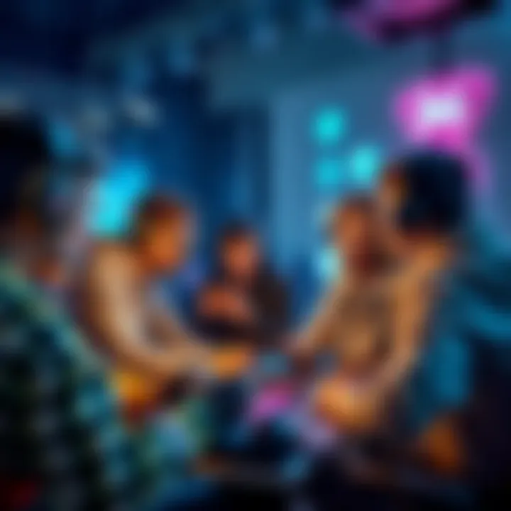 A group of players discussing strategies for a new game release, surrounded by gaming equipment and consoles.