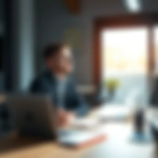 New job start A person sitting at a desk, looking focused and ready to start their new job, with a laptop and notepad in front of them.