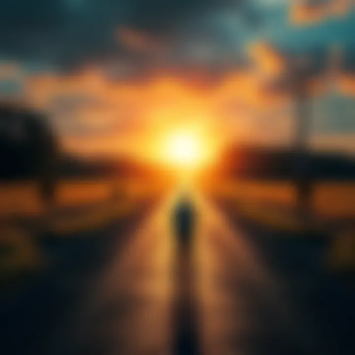 A person standing at a crossroads, looking toward bright possibilities in the distance