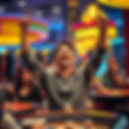A joyful person in a casino, raising their arms in excitement after winning, while friends look worried in the background.