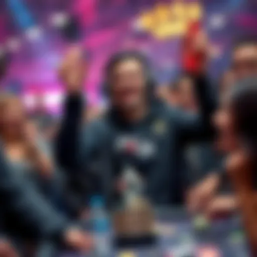 A joyful new player holding a trophy, celebrating their second place finish in a Freeroll tournament, surrounded by friends and fellow players.