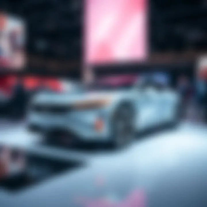 A sleek new car from Plinko showcased at an auto show, attracting attention from enthusiasts and experts.