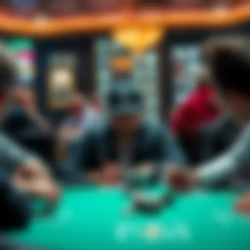 A frustrated poker player sitting at a table, looking at cards with a thoughtful expression while others play around him.