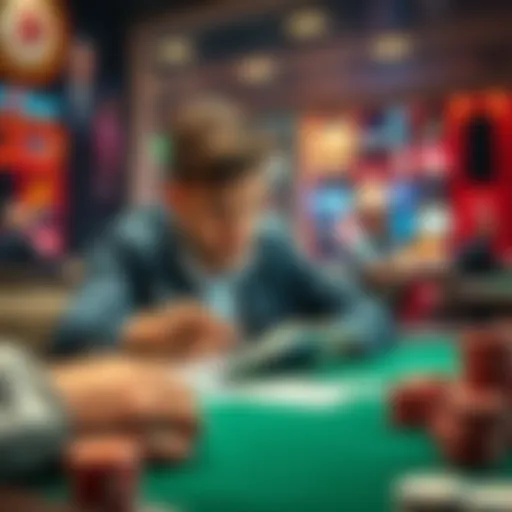 A focused poker player studying strategies at a table with cards and chips, ready for his first live cash game.