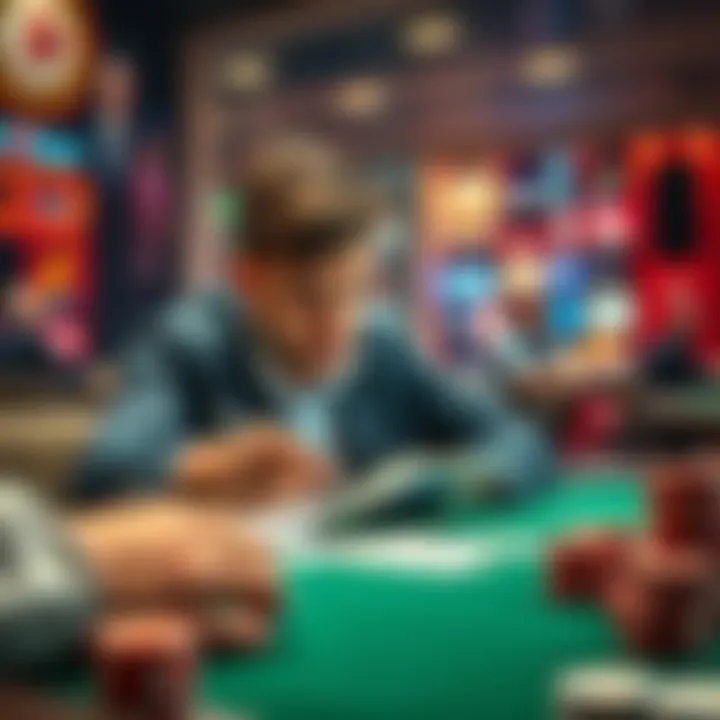 A focused poker player studying strategies at a table with cards and chips, ready for his first live cash game.