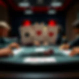 Three hole cards and six board cards displayed on a poker table with players contemplating their hands.