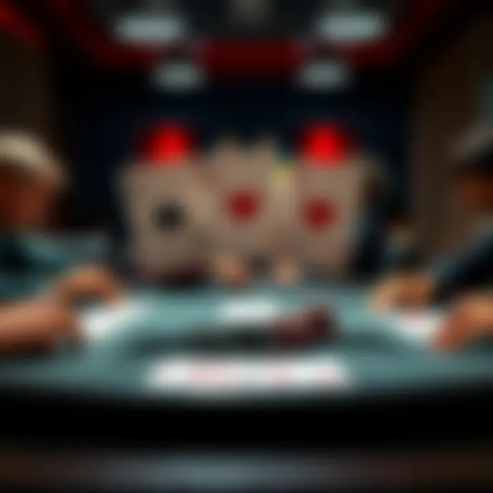 Three hole cards and six board cards displayed on a poker table with players contemplating their hands.