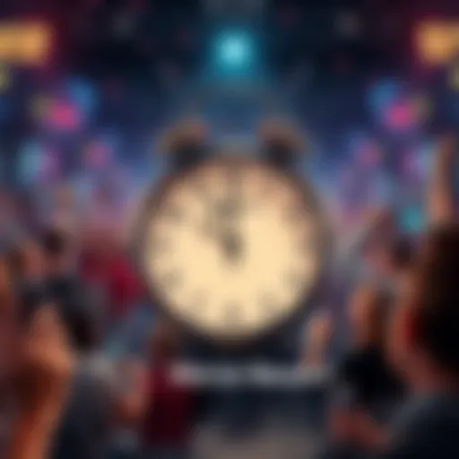 A clock showing the time nearing a new post announcement, with a background of excited people looking forward to updates.