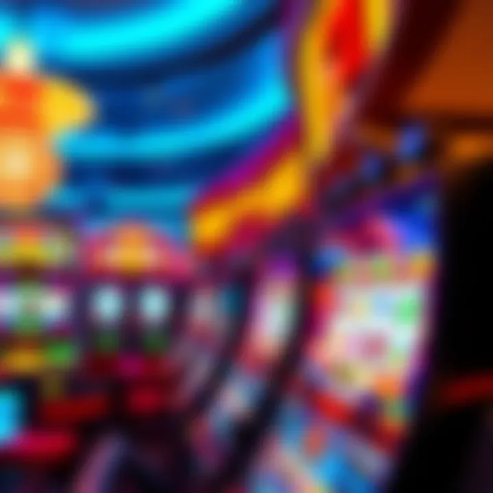 New Slot Machines in Casino A bright and colorful slot machine with spinning reels and vibrant symbols in a busy casino setting.