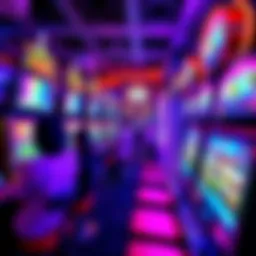 A vibrant display of new slot machines with large screens in a Las Vegas casino, showcasing bright colors and excited players, comparing the thrill of slot players to arcade enthusiasts.