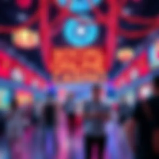 A vibrant scene celebrating the grand opening of a new social online casino, featuring festive decorations and happy people enjoying the atmosphere.