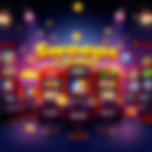 A colorful illustration of the new Sweeps Casino with a variety of slot machines, showcasing high RTP values from Hacksaw and Pragmatic games.
