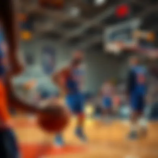 New York Knicks players practicing on the court, focused and strategizing for the upcoming NBA season