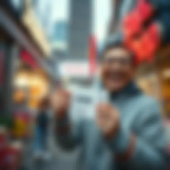 A joyful person holding a winning lottery ticket outside a Stop & Shop in New York